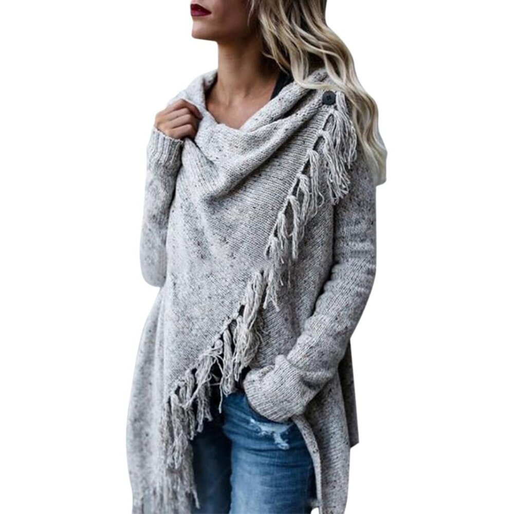 Asymmetrical Gray Knit Sweater With Fringe Detail - Cozy & Stylish one size